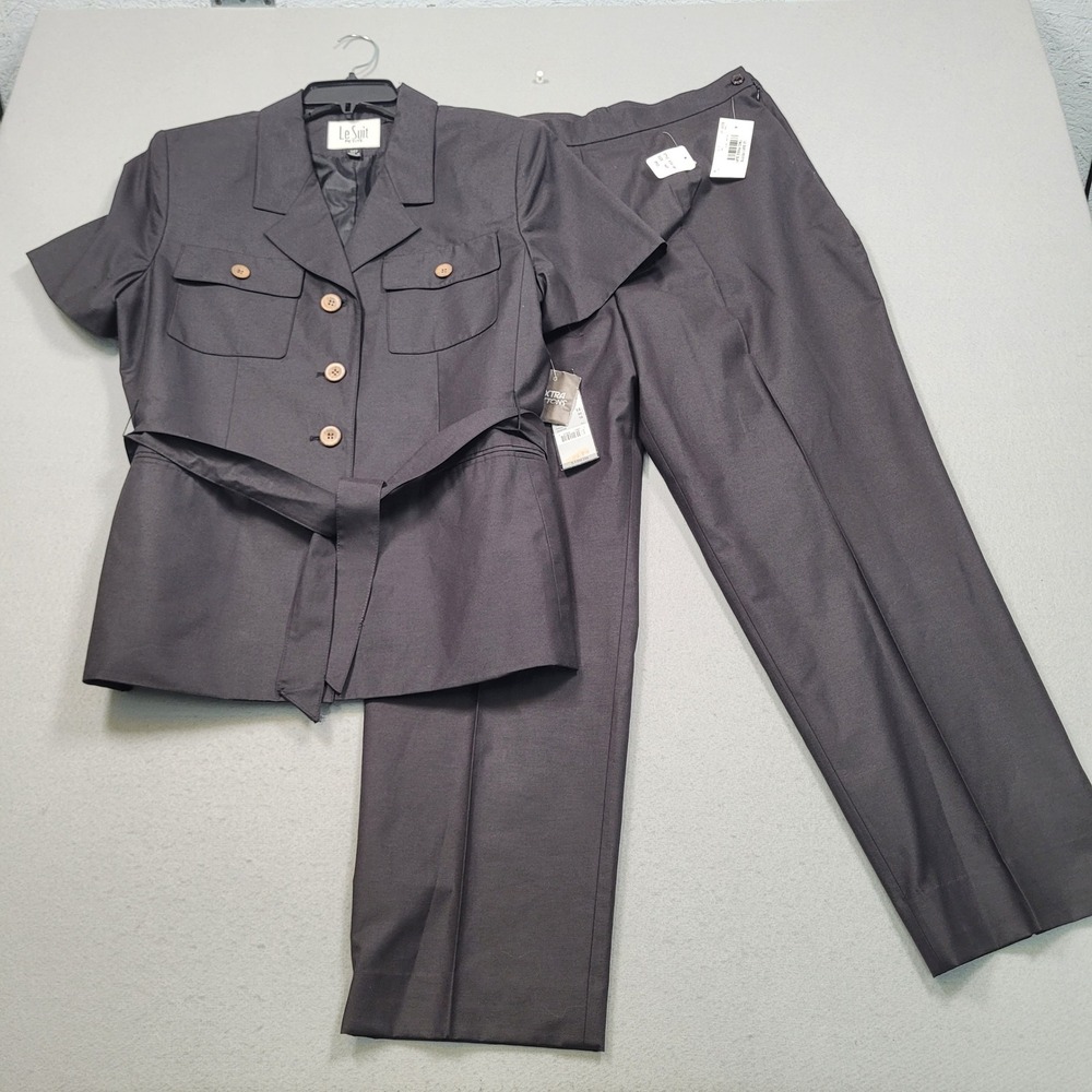 Le Suit Petite Women Black Short Sleeve Belted Safari Jacket Pants Suit 14P NEW
